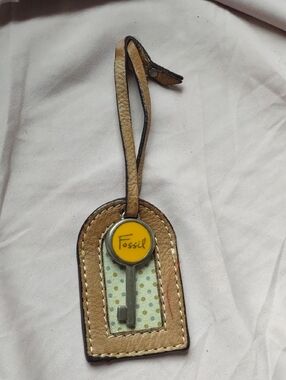 Fossil Tan Leather Key Tag with Yellow Logo